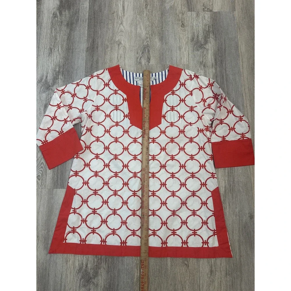 Gretchen Scott Designs Red White Geometric Link Tunic‎ Top Split Neck Large